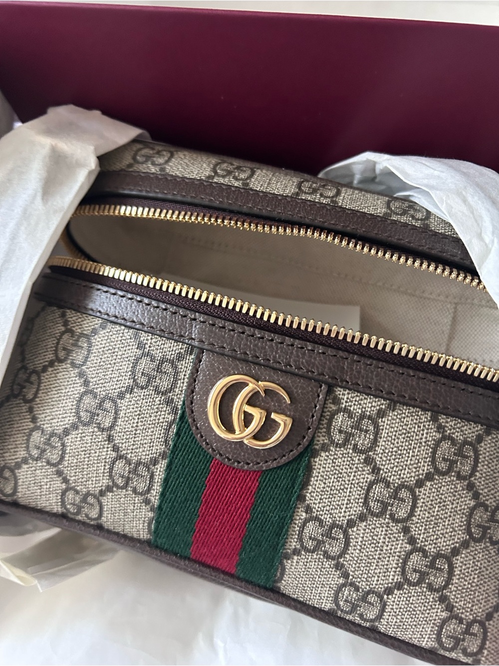 Gucci Beige/Brown GG Ophidia Crossbody with Green-Red Web Stripe